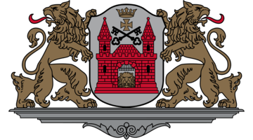 A logo with two lions and a castle