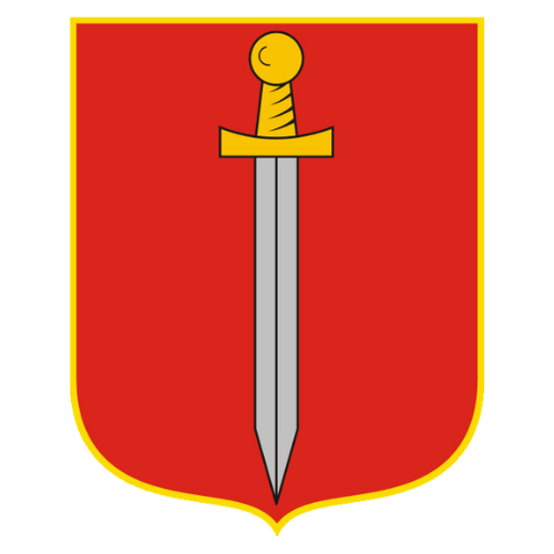 A city banner on red background with a golden sword.
