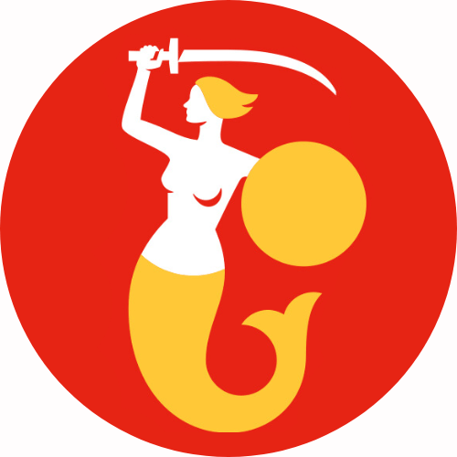 A visual of a mermaid like figure yielding a sword