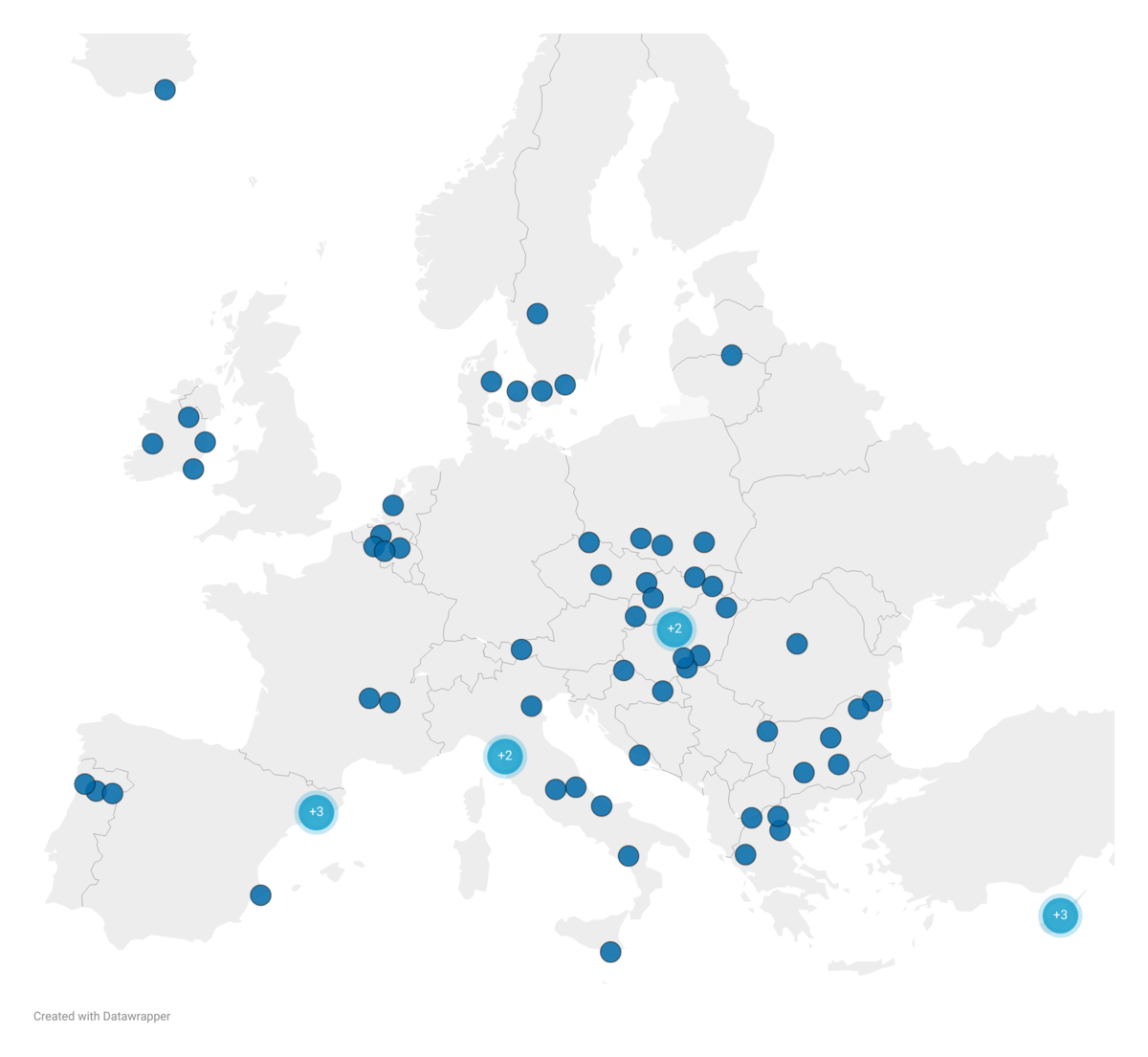 A visual with a map, and blue dots representing the EUCF Call 7 Beneficiaries