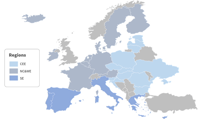 A map of the regional areas of the EUCF also listed in table below